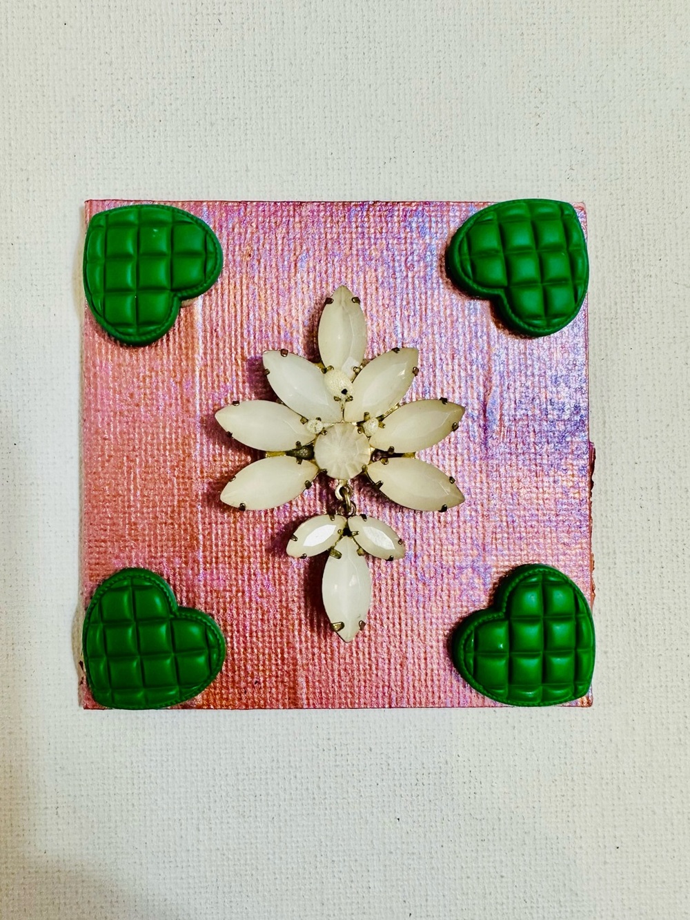 Handmade 3x3 Mixed Media Magnet Pink Green Hearts Rhinestone Flower
